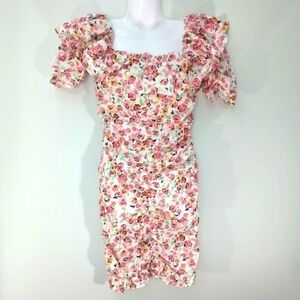 Zara Ruffle Collar Floral Prints‎ Ruched Bodycon Dress Sz. 4 NWT
